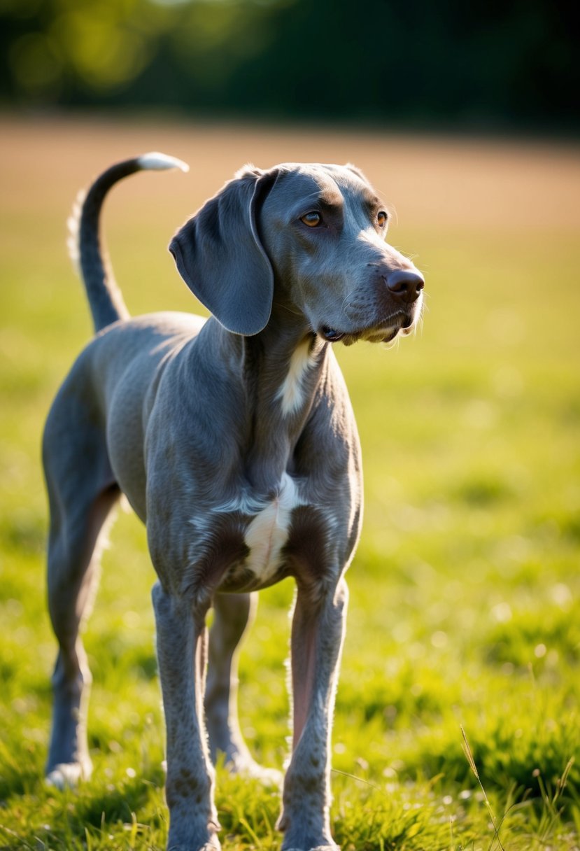 A Pointer Doodle stands in a grassy field, its sleek, short coat glistening in the sunlight. Its ears perk up as it sniffs the air, a mix of curiosity and alertness in its expression