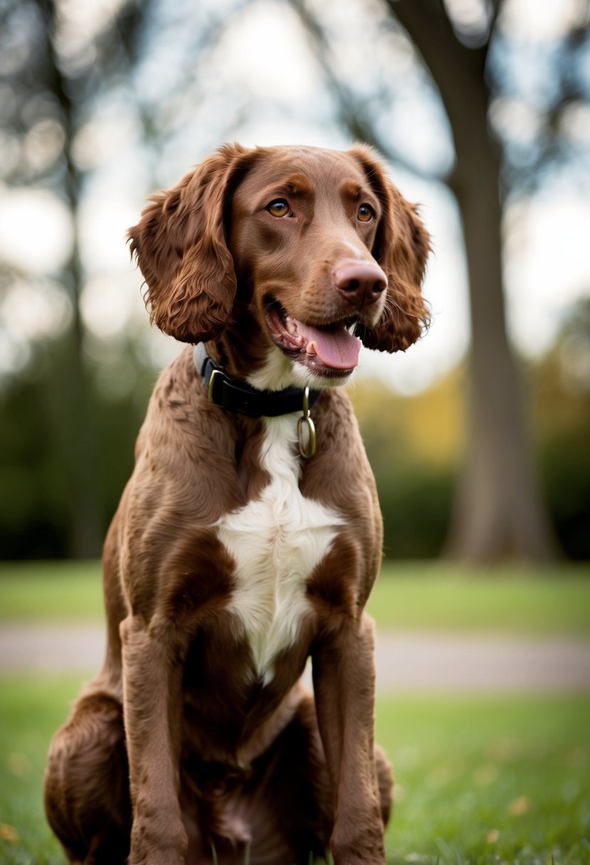 A lively German shorthaired pointer poodle mix sits alert, tail wagging, with a focused gaze and ears perked up