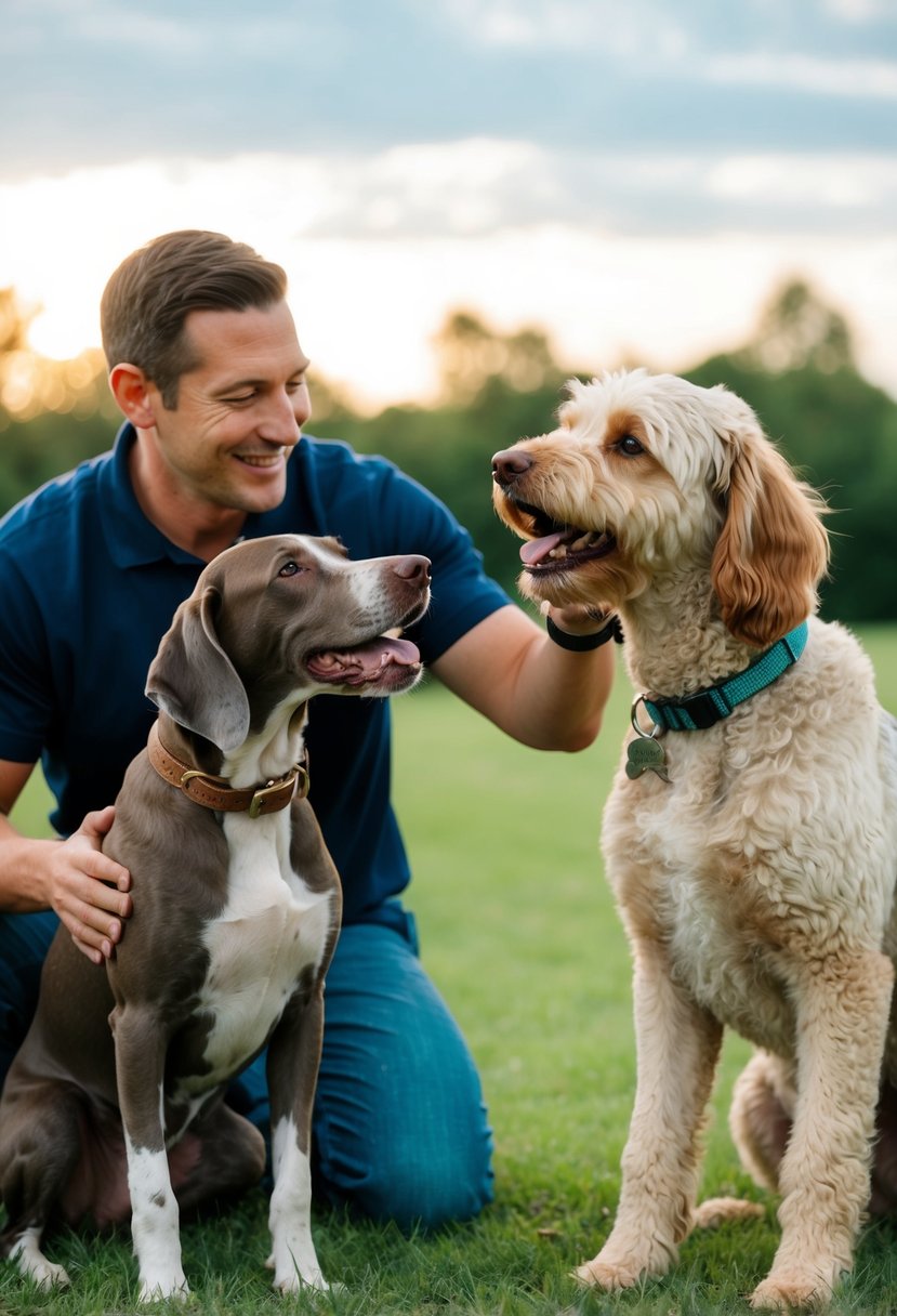 Two dogs, a pointer and a poodle mix, playfully interact in a family setting, showing affection and obedience