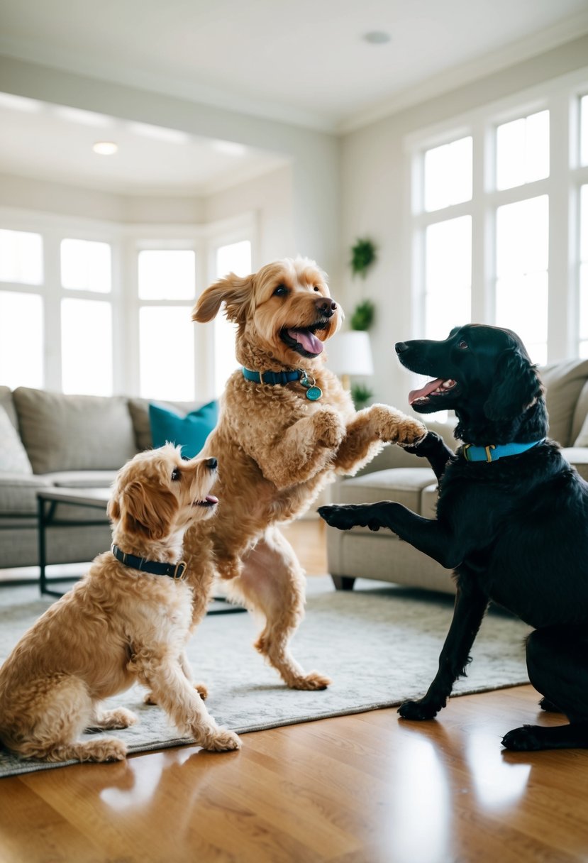 A GSP Poodle mix and other pets play together in a spacious, sunlit living room. They interact joyfully, showing signs of mutual affection and enjoyment