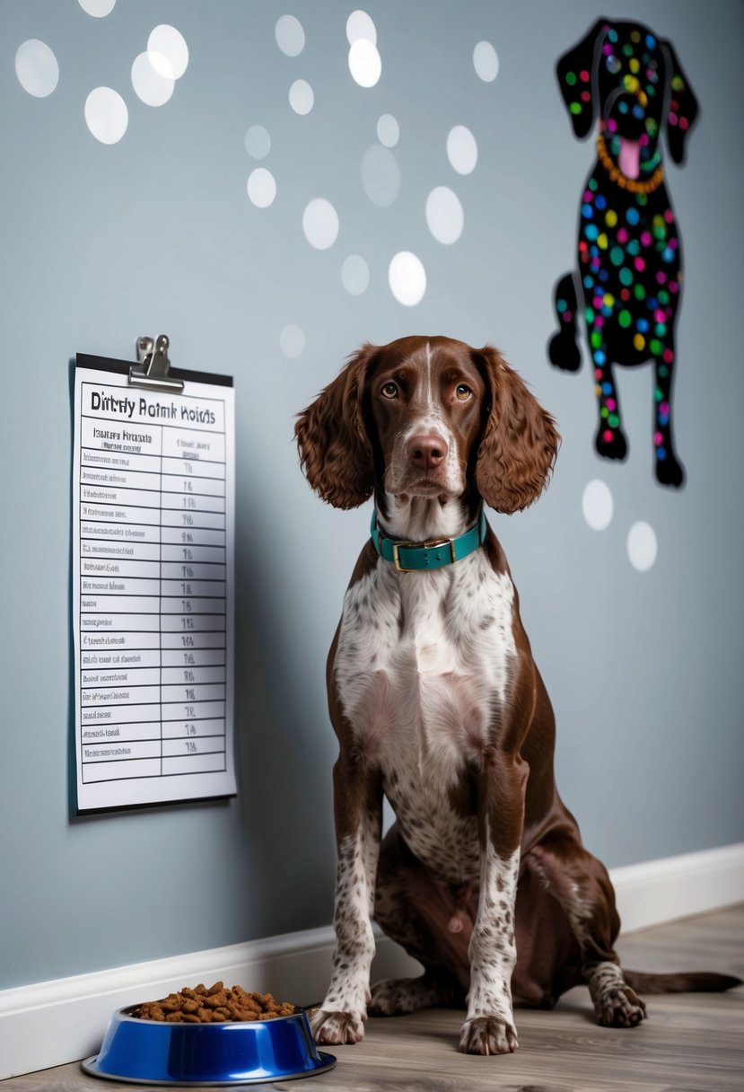 A German shorthaired pointer poodle mix sits next to a bowl of dog food, with a list of dietary requirements and a pointer doodle on the wall