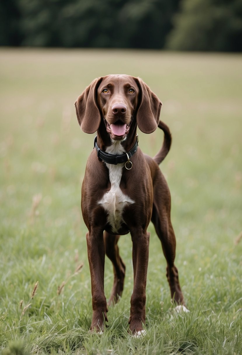 A full-grown German Shorthaired Pointer Poodle mix stands proudly in a grassy field, with its tail wagging and ears perked up