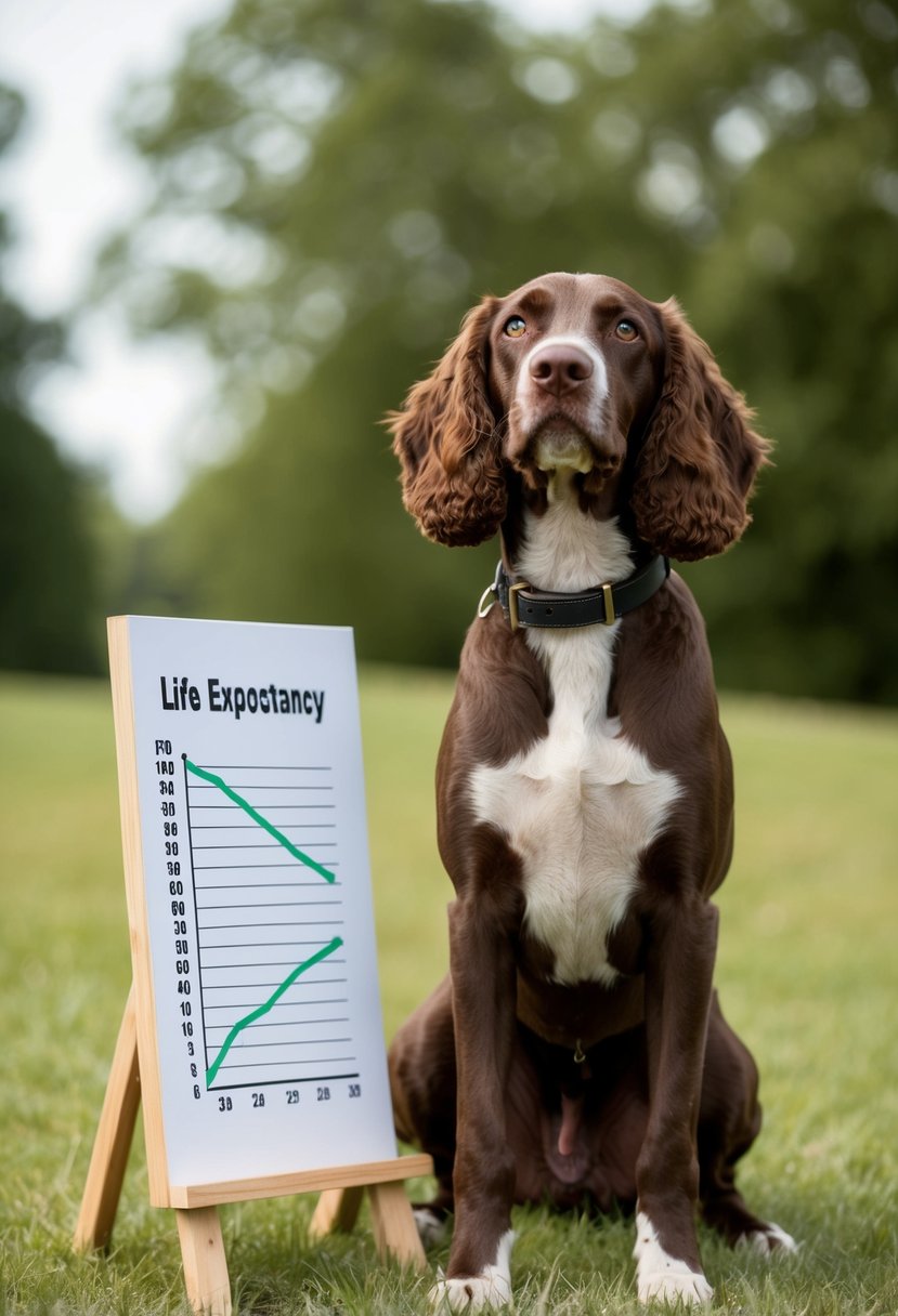 A German shorthaired pointer poodle mix sits beside a life expectancy graph, looking up with a curious expression