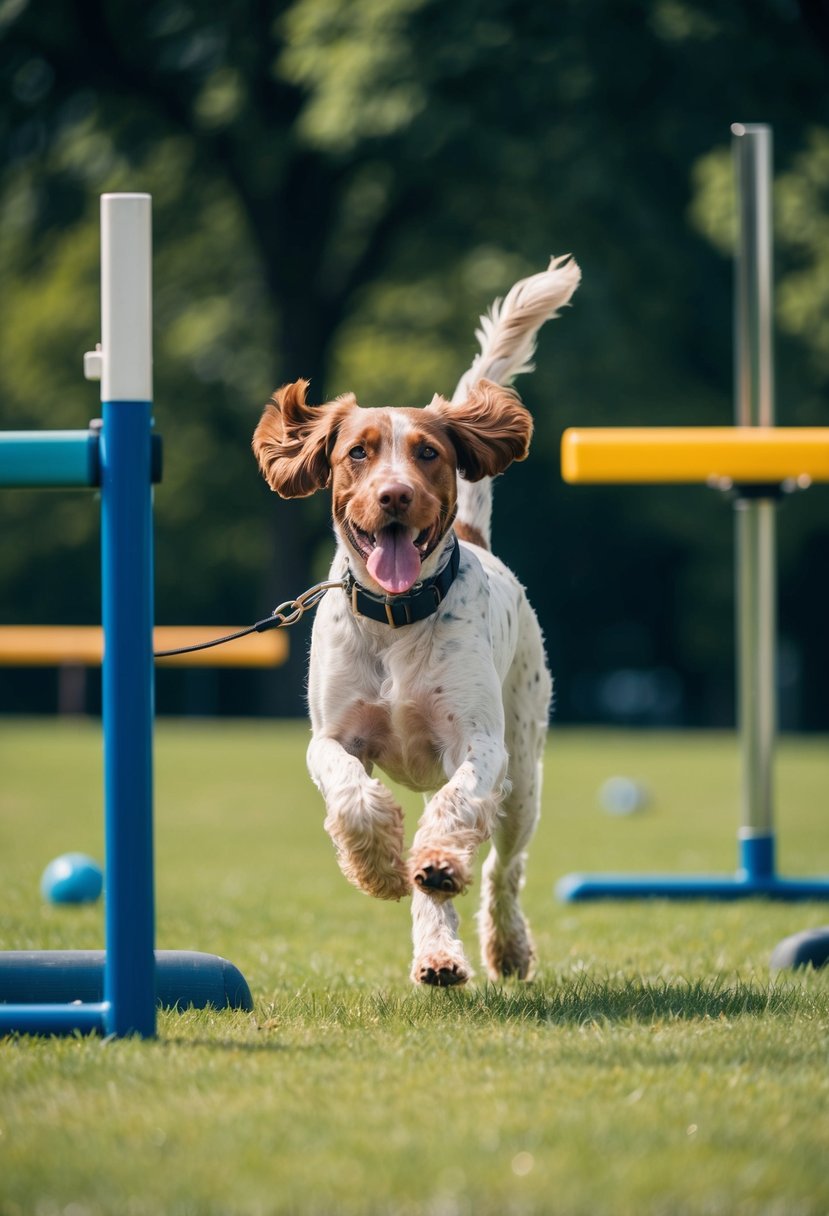 A German shorthaired pointer poodle mix is running in a park, tongue out, with a leash trailing behind. The dog is surrounded by exercise equipment such as hurdles and a balance beam