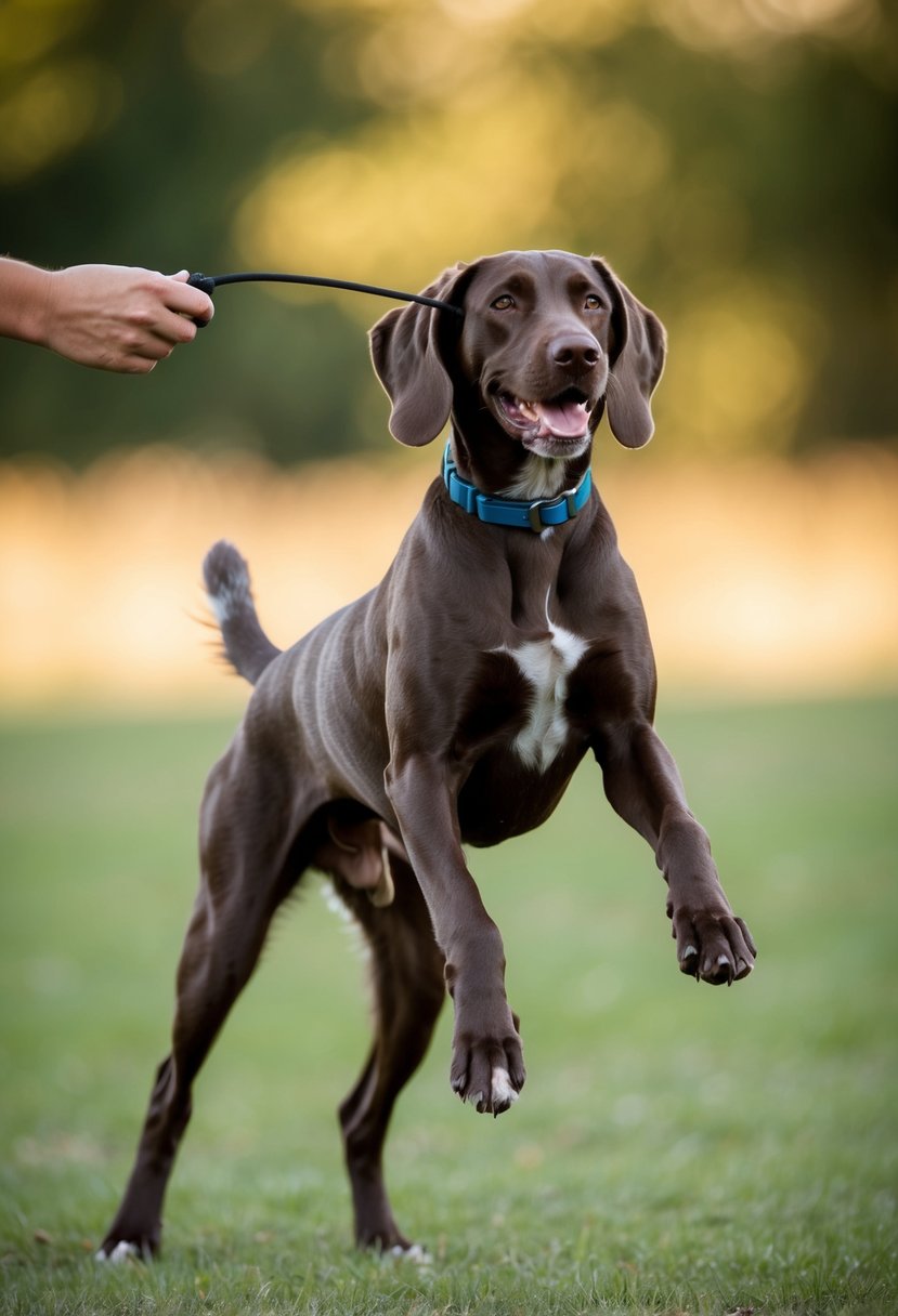 A German shorthaired pointer poodle mix stands on its hind legs, tail wagging, as it eagerly follows a training pointer