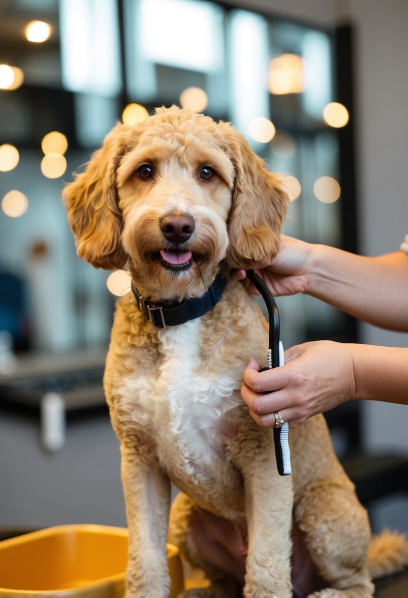 A doodle German shorthaired pointer poodle mix being groomed