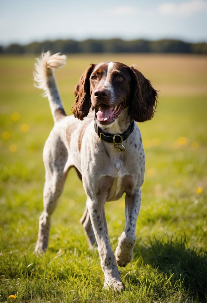 A playful German Shorthaired Pointer Poodle mix, with a wagging tail, bright eyes, and a sleek coat, stands in a sunny field