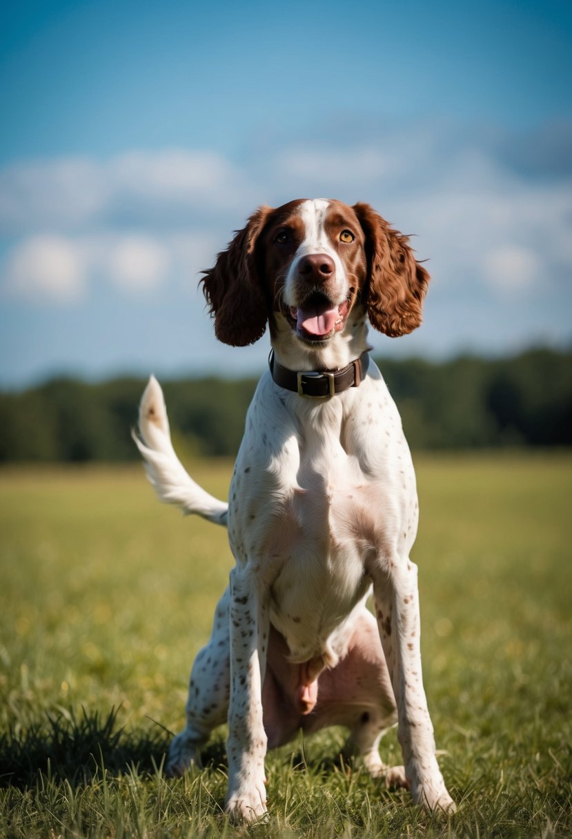 A German shorthaired pointer poodle mix stands proudly with a playful expression, tail wagging, in a grassy field with a blue sky in the background