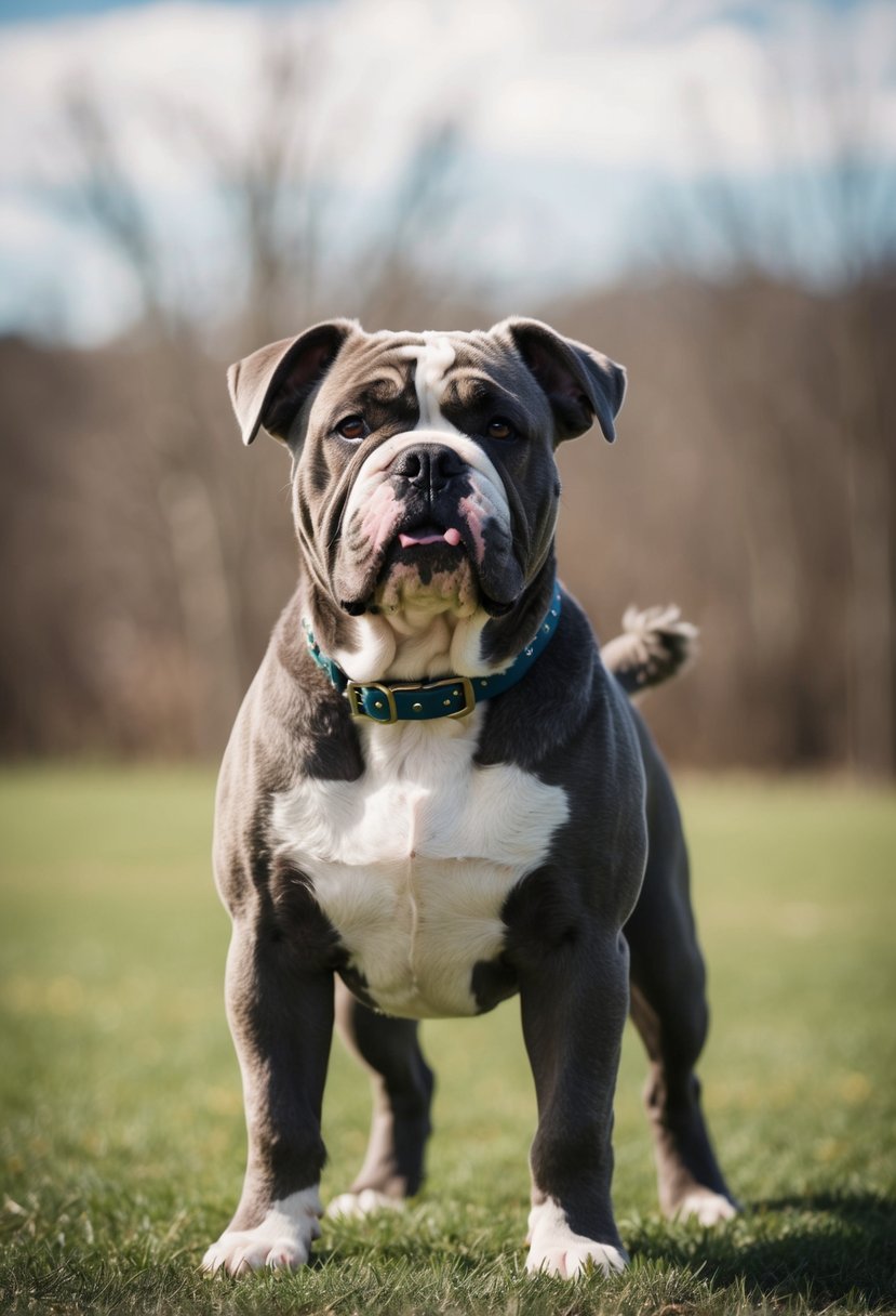 An English bulldog poodle mix stands proudly with a stocky build, wrinkled face, and curly coat, showcasing a unique blend of both breeds' characteristics