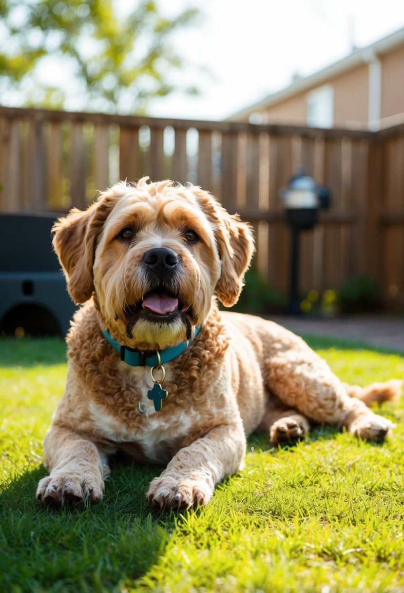 An English bulldog poodle mix lounges in a sunny backyard, its curly fur catching the light. Its sturdy build and expressive face reflect its unique blend of breeds