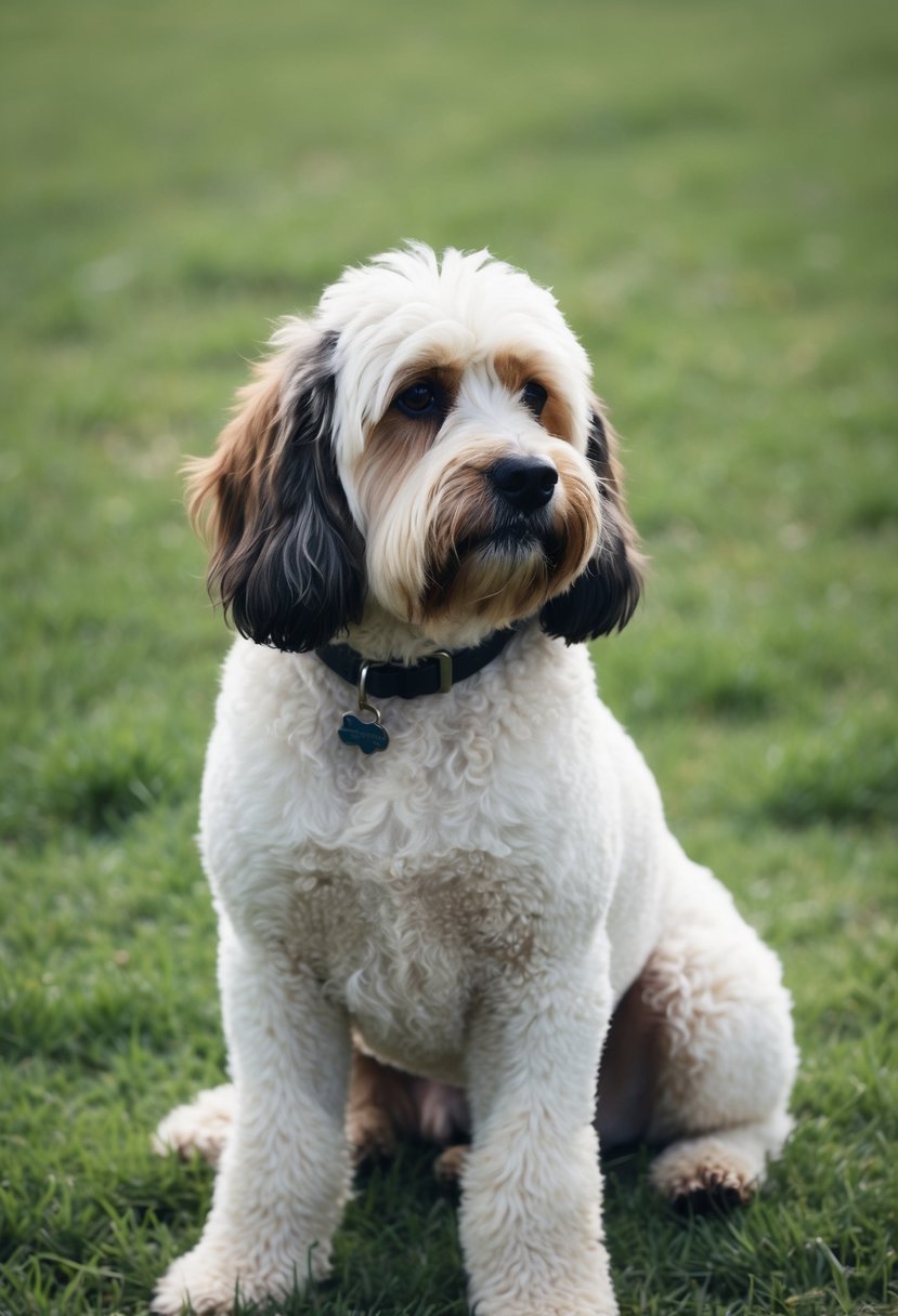 An English Boodle sits on a grassy field, its fluffy coat a mix of bulldog and poodle features. The dog gazes off into the distance, its expressive eyes capturing the viewer's attention