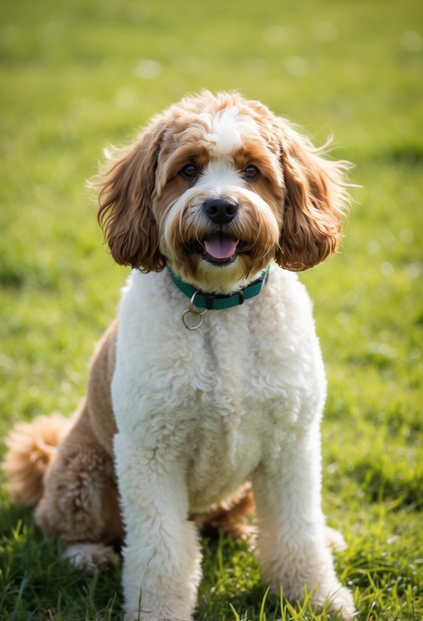 An English Boodle, a mix of an English bulldog and a poodle, sits on a grassy field, wagging its curly tail. Its fluffy coat glistens in the sunlight, and its friendly eyes exude warmth