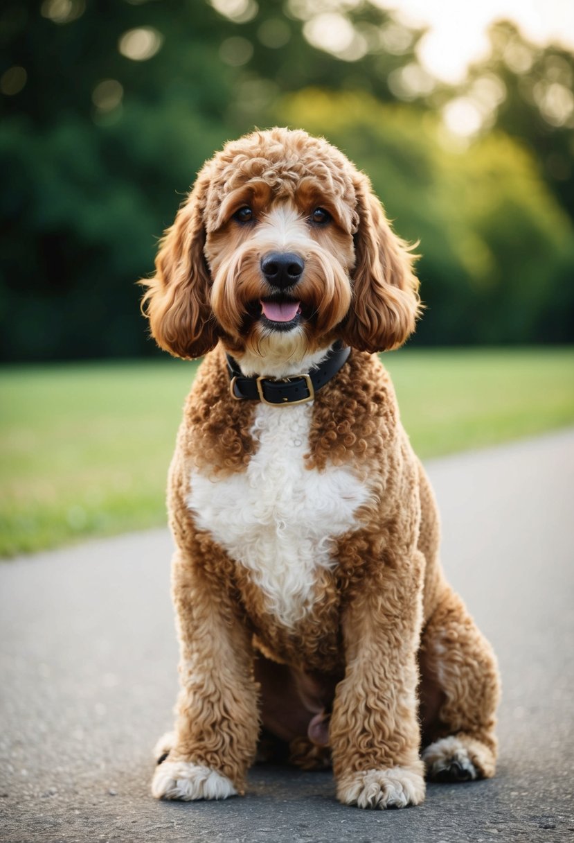 An English Boodle sits with alert eyes, its sturdy bulldog body complemented by the curly poodle fur. Its intelligent expression reflects its clever and loyal temperament