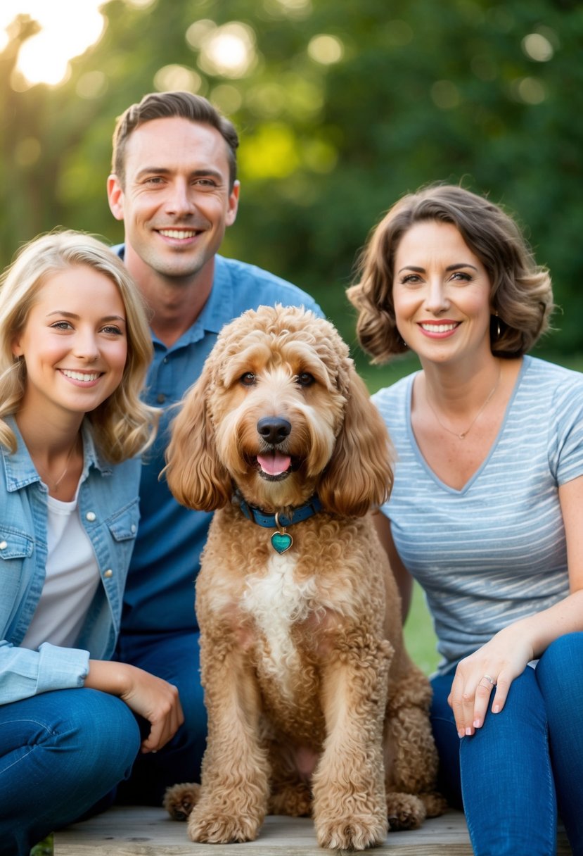 An English Boodle sits beside a smiling family, wagging its tail. The dog has a sturdy build, wrinkled face, and curly fur