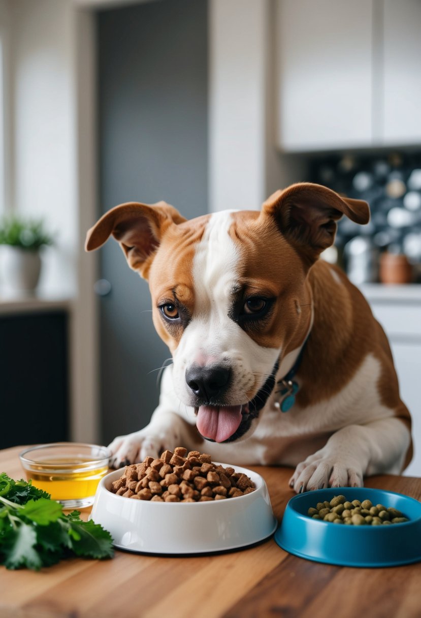 An English bulldog poodle mix eagerly eats from a bowl of specialized dog food, surrounded by various healthy ingredients and a water dish