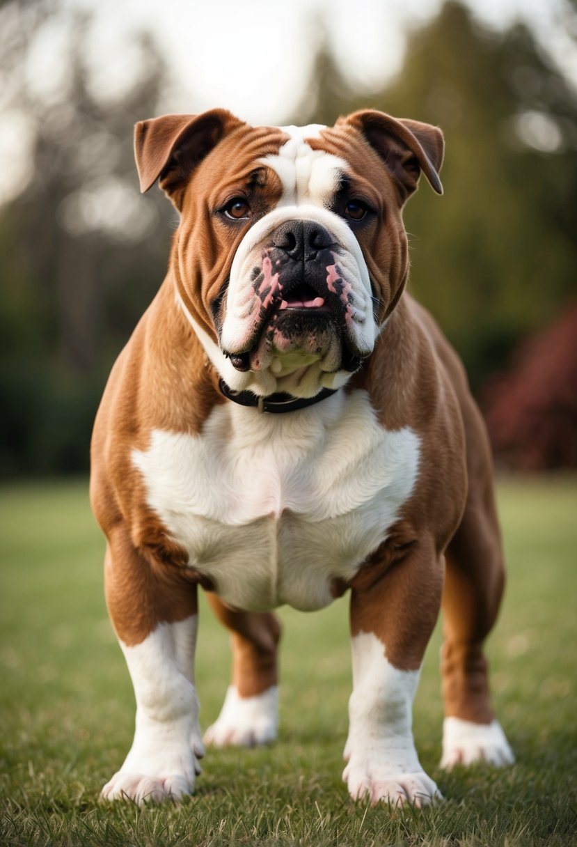 A full-grown English bulldog poodle mix stands proudly, displaying its unique combination of features. Its sturdy build and distinctive coat make for a striking and lovable sight