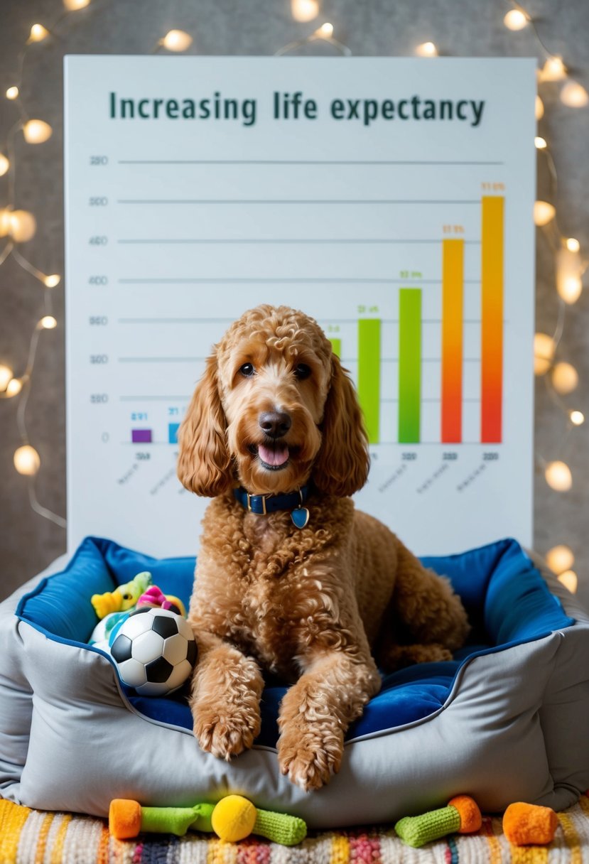 An English Boodle sits on a plush bed, surrounded by toys and treats. A chart showing an increasing life expectancy is displayed in the background