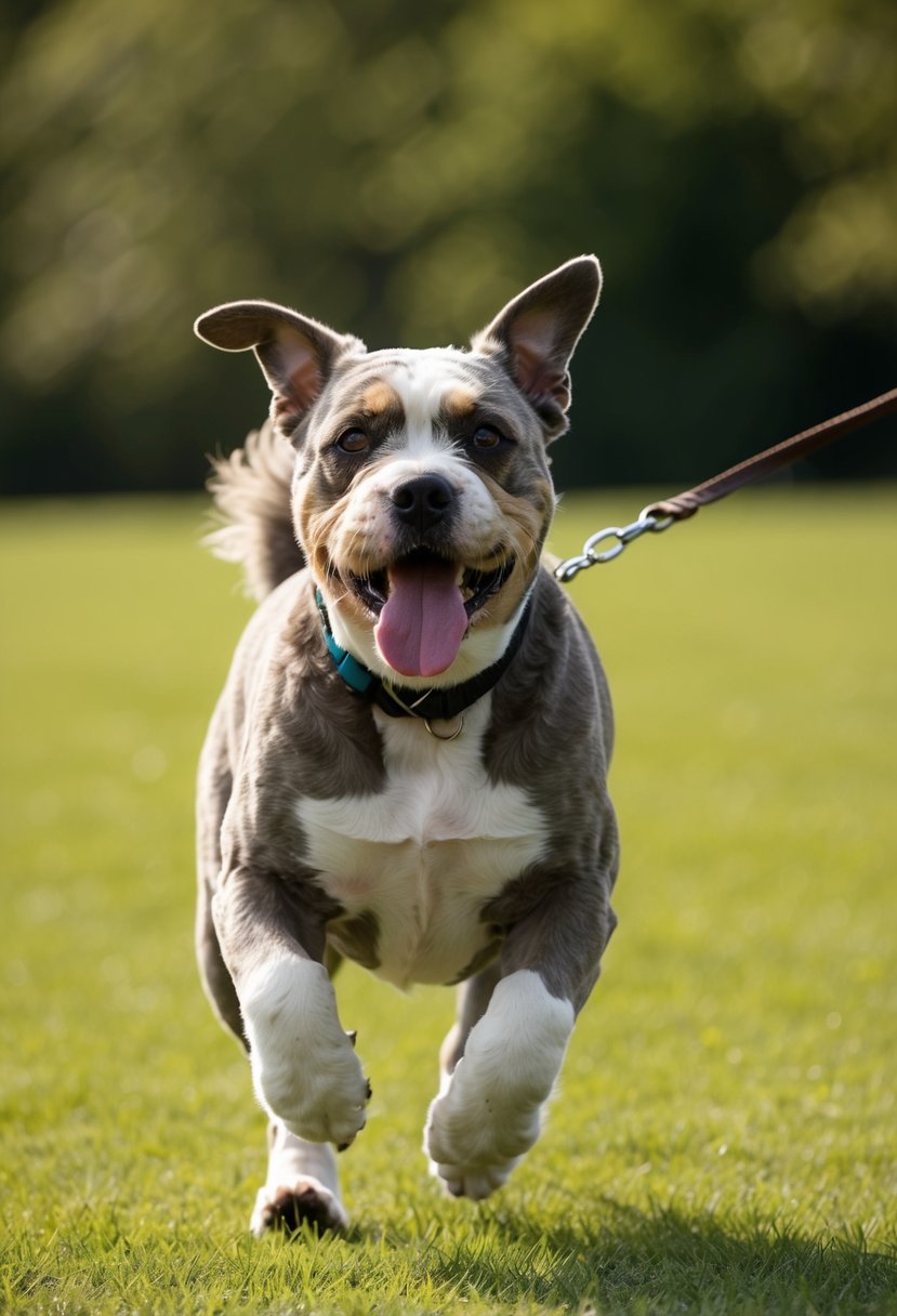 An English bulldog poodle mix is running on a grassy field, tongue out and tail wagging, with a leash trailing behind