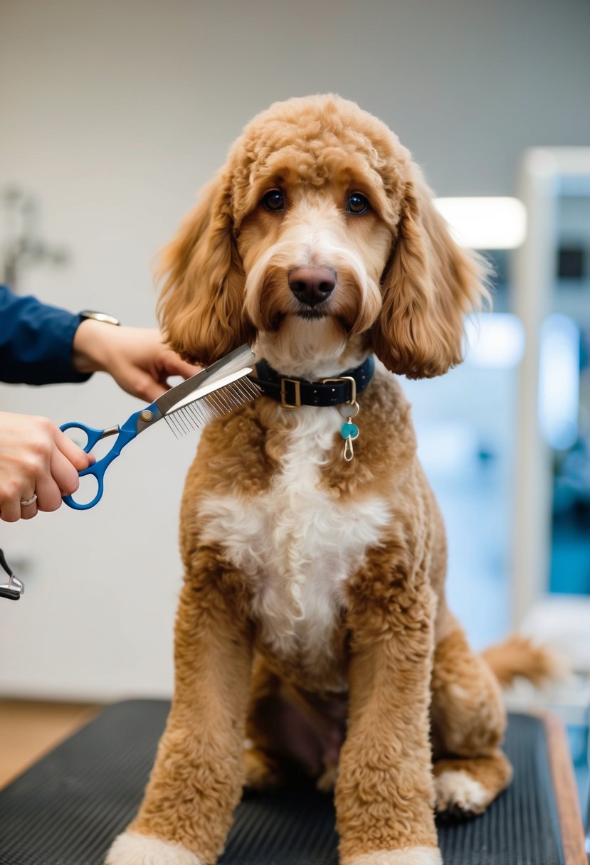 An English Boodle is being groomed with scissors, comb, and brush. The dog is sitting still on a grooming table, with a calm expression