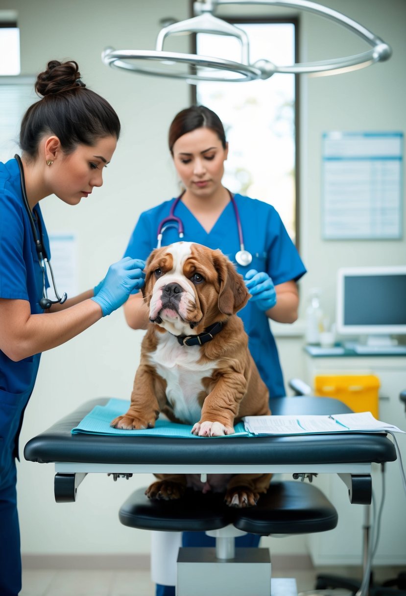 An English bulldog poodle mix sits on a vet's examination table, surrounded by medical equipment and charts. The vet checks the dog's ears while the pup looks up with a concerned expression