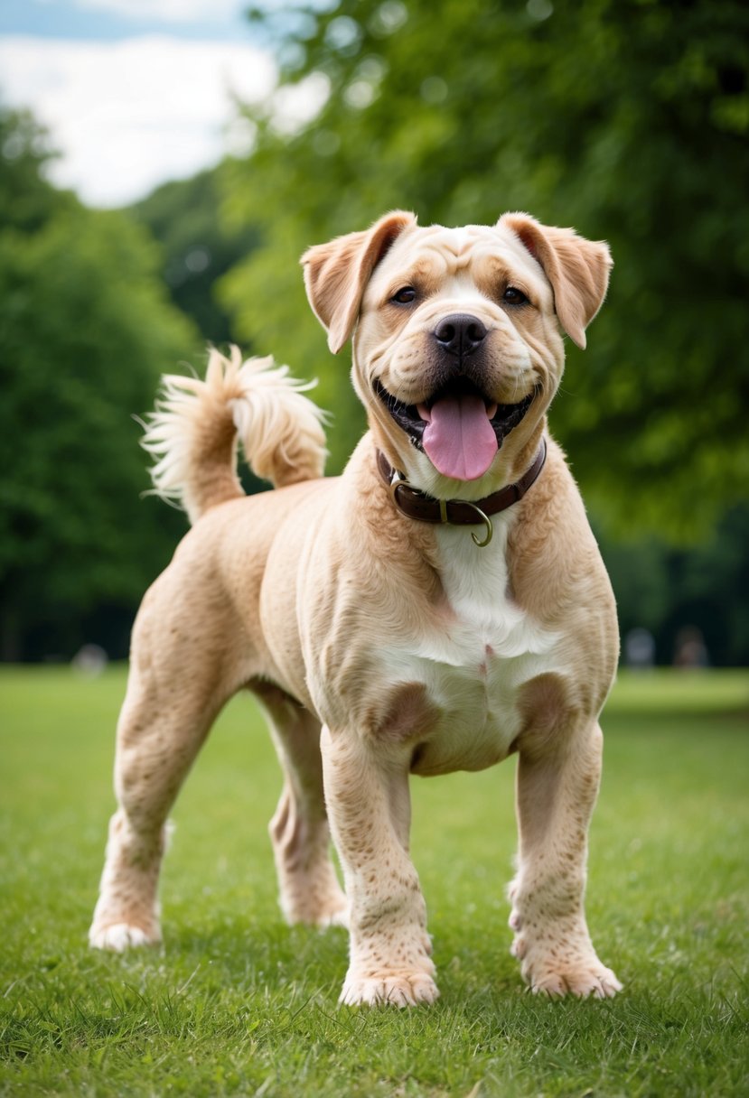 An English bulldog poodle mix stands confidently, tail wagging and tongue lolling, against a backdrop of a lush green park