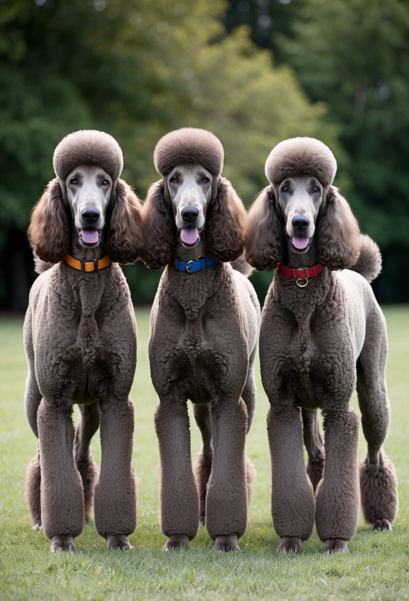 Three giant royal standard poodles standing side by side, tails wagging, with a regal and elegant demeanor