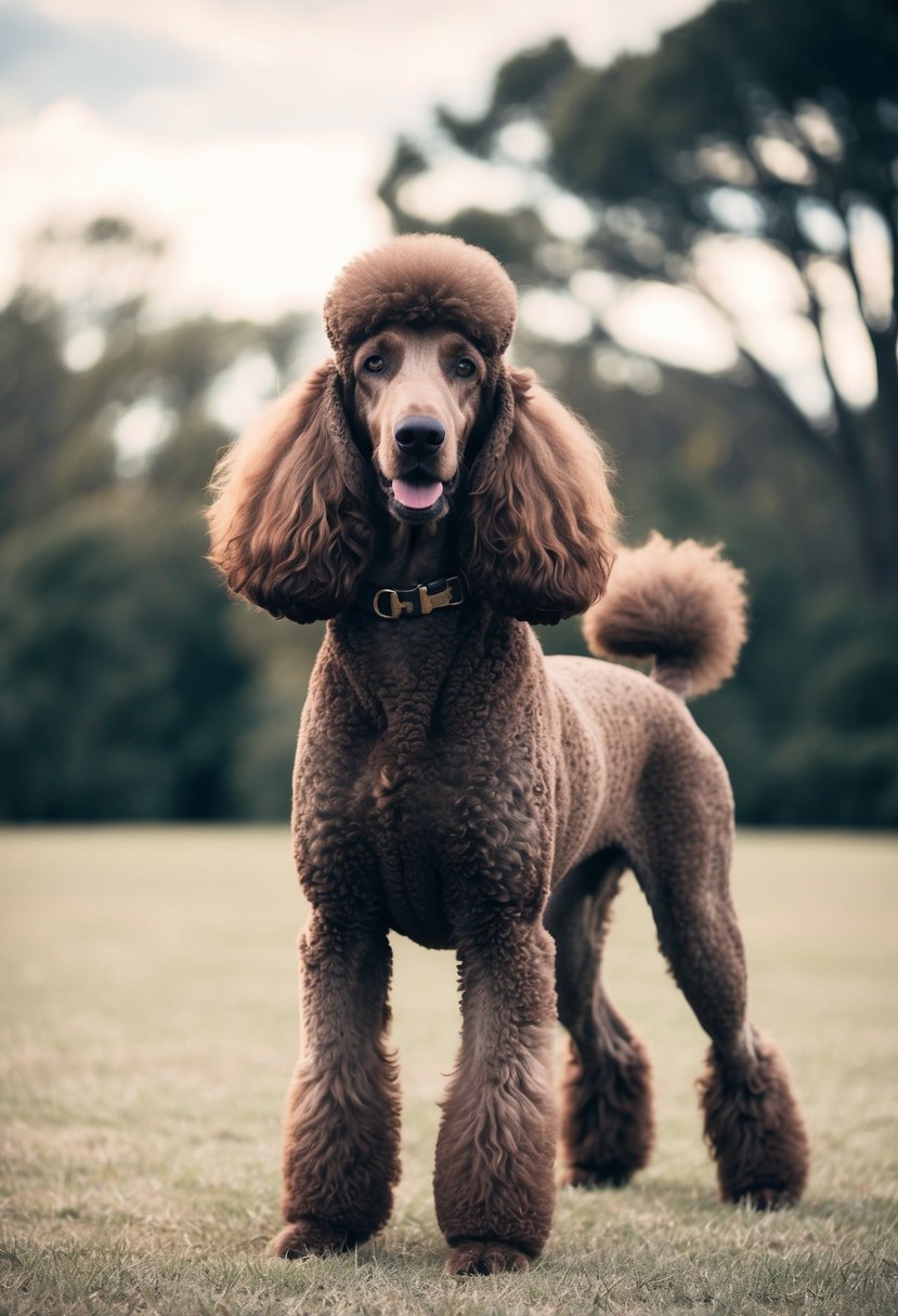 A majestic Royal Standard Poodle stands proudly with a thick, curly coat and a regal stance, exuding confidence and grace