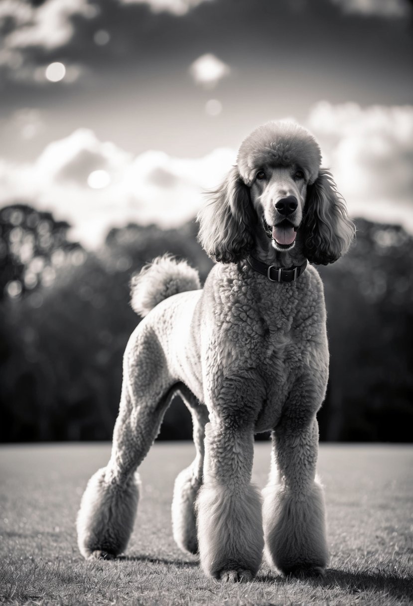 A regal giant poodle stands proudly, its fur flowing in the wind. Its majestic stature and elegant demeanor exude a sense of royalty and grace