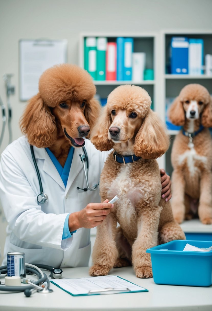 Giant royal standard poodles with health issues. Show a vet examining a poodle, surrounded by medical equipment and charts