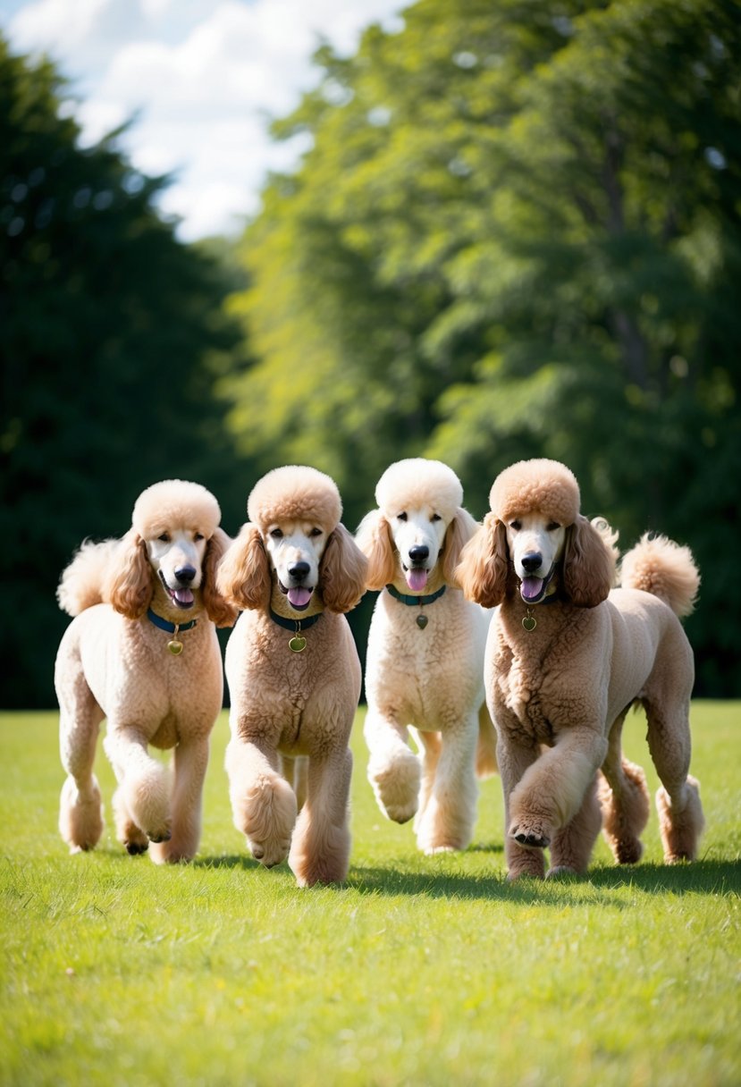 A group of giant royal standard poodles stand in a lush green field, their fluffy coats shimmering in the sunlight. They playfully chase each other, exuding an air of regal elegance