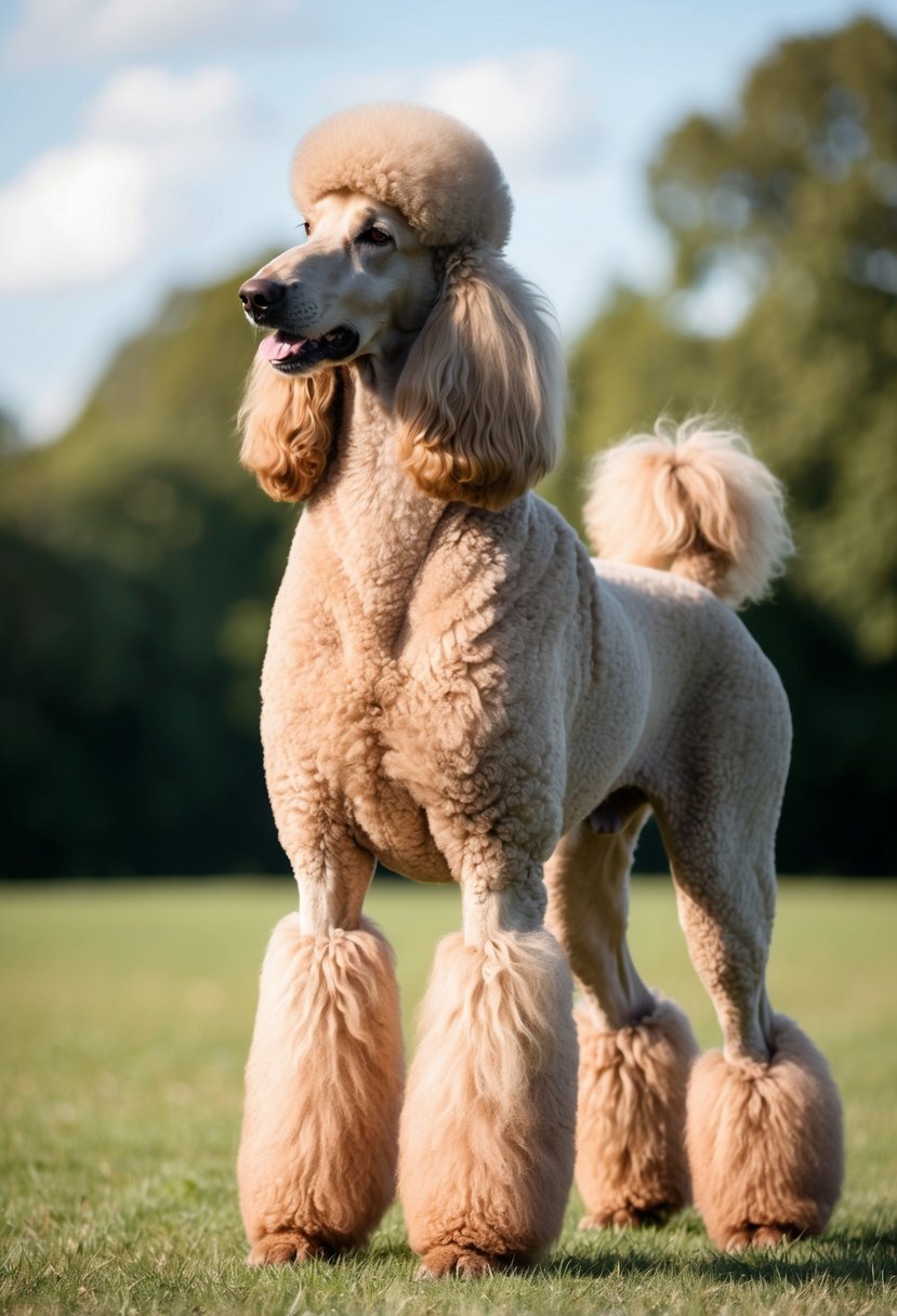 A majestic royal poodle stands tall, its fluffy coat shimmering in the sunlight. Its regal posture exudes confidence and grace, capturing the essence of the giant royal standard poodle breed