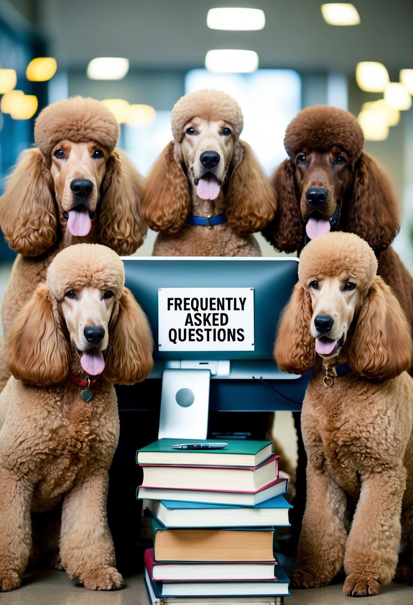 A group of giant royal standard poodles surrounded by a stack of books, a computer, and a sign labeled "Frequently Asked Questions."