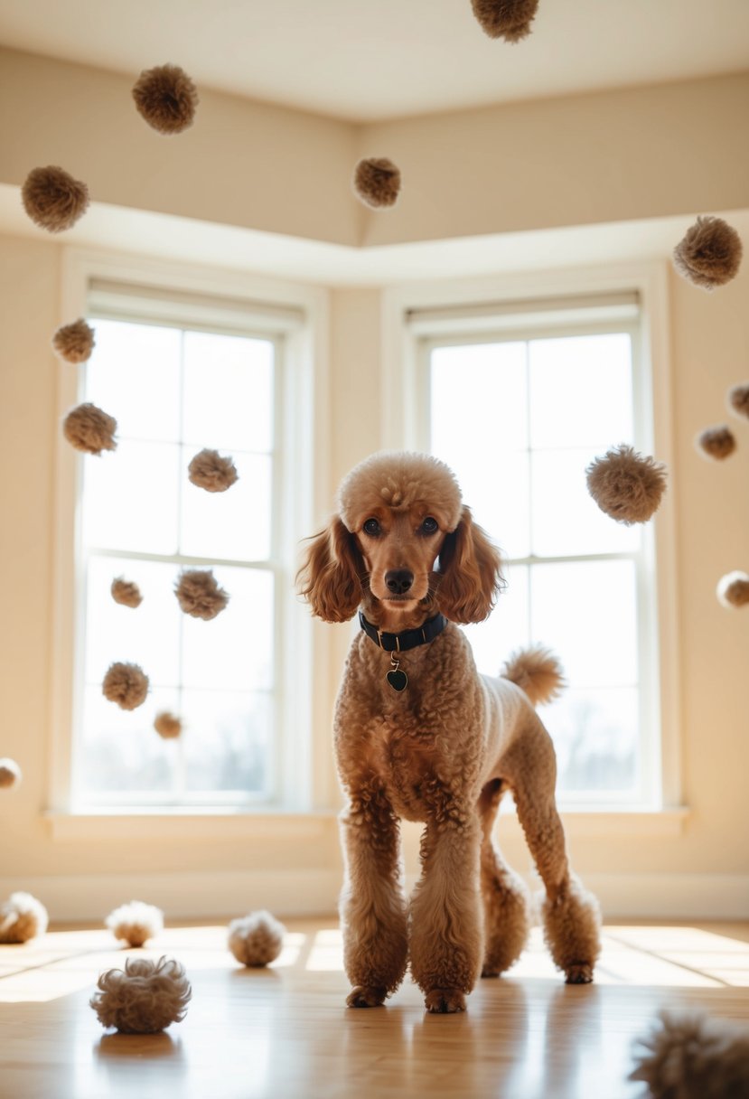 A poodle stands in a sunlit room, surrounded by floating tufts of fur. The air is filled with the soft sound of shedding