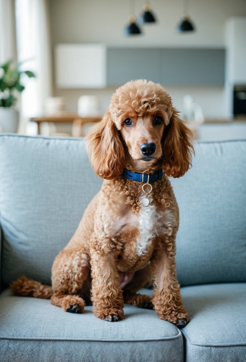 A poodle with curly fur sits on a clean, fur-free couch. No visible shedding