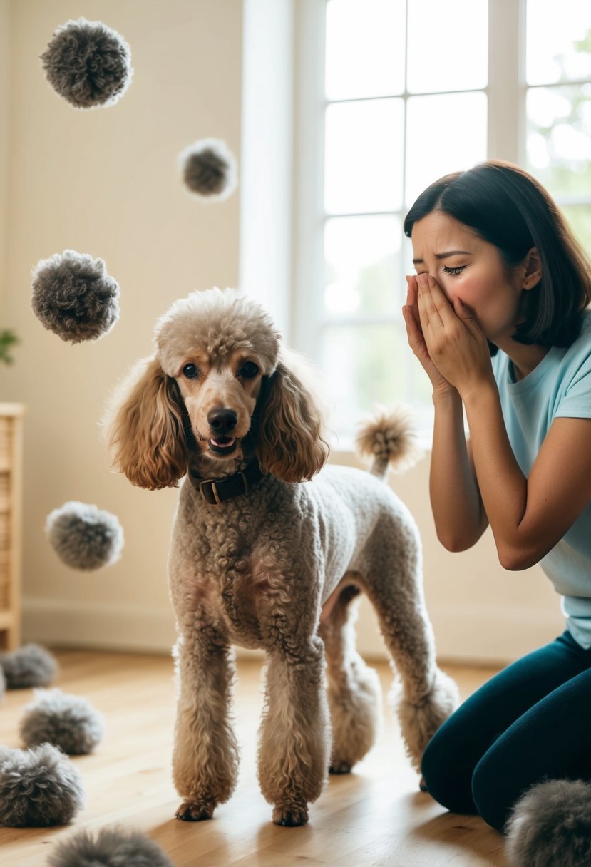 A poodle stands in a sunlit room, surrounded by floating tufts of fur. A person sneezes and rubs their itchy eyes