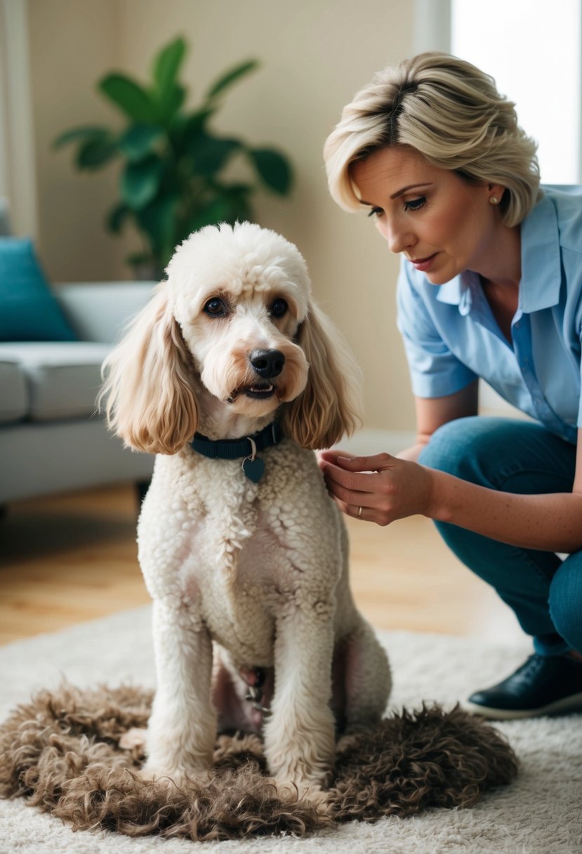 A poodle sits on a soft rug, surrounded by loose fur. The dog looks up with a concerned expression as its owner examines the shedding coat