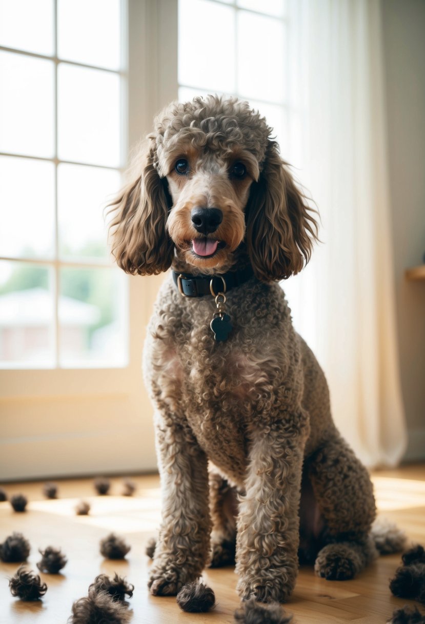 A poodle with curly fur sheds in a sunlit room, surrounded by scattered tufts of hair