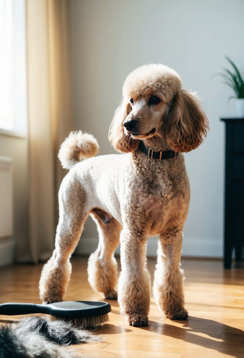 A poodle standing in a sunlit room, shedding small tufts of fur. A brush and fur clumps on the floor indicate regular grooming