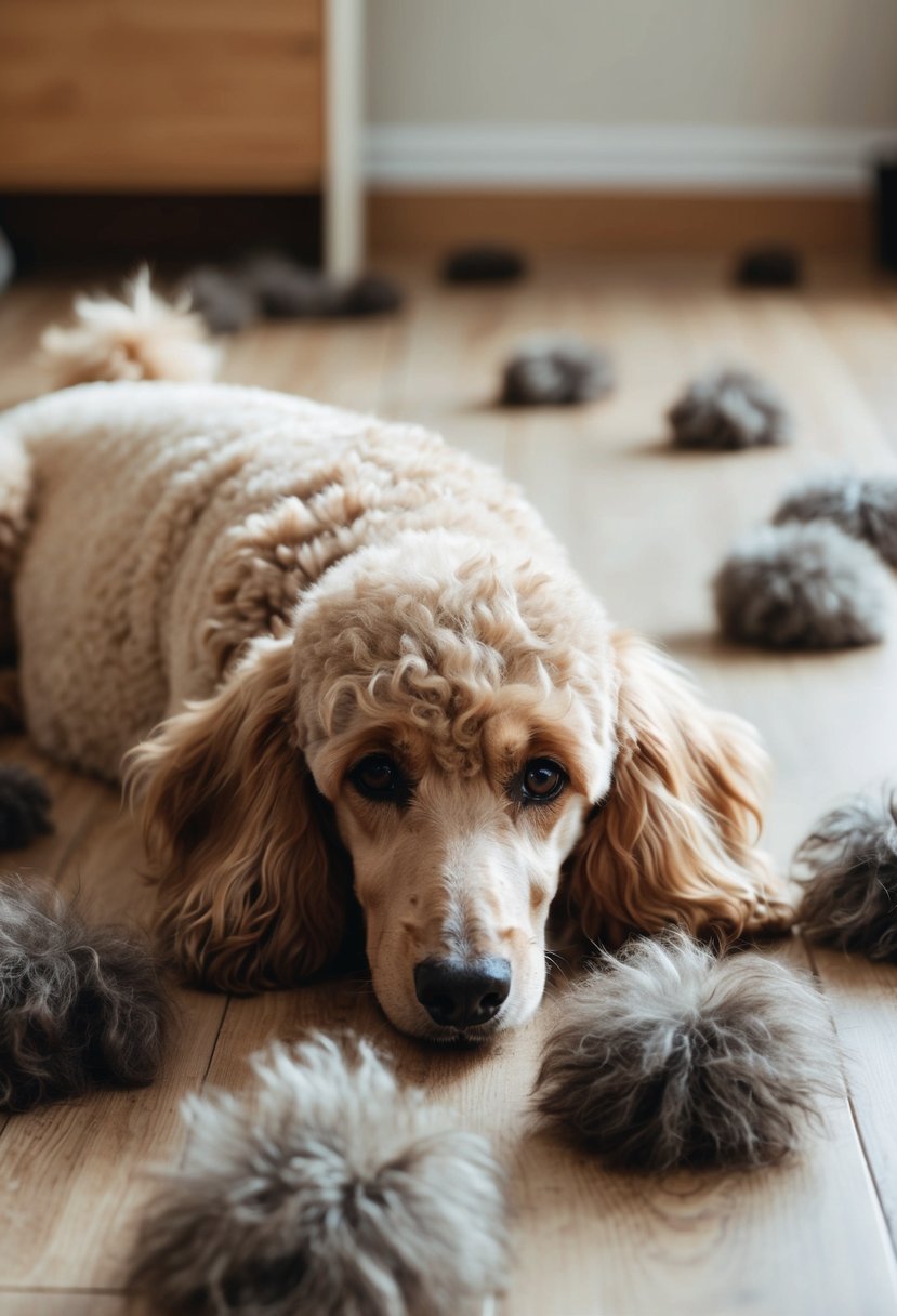 A poodle lies on the floor surrounded by clumps of fur. Its coat appears thin and patchy, with tufts of hair scattered around the room