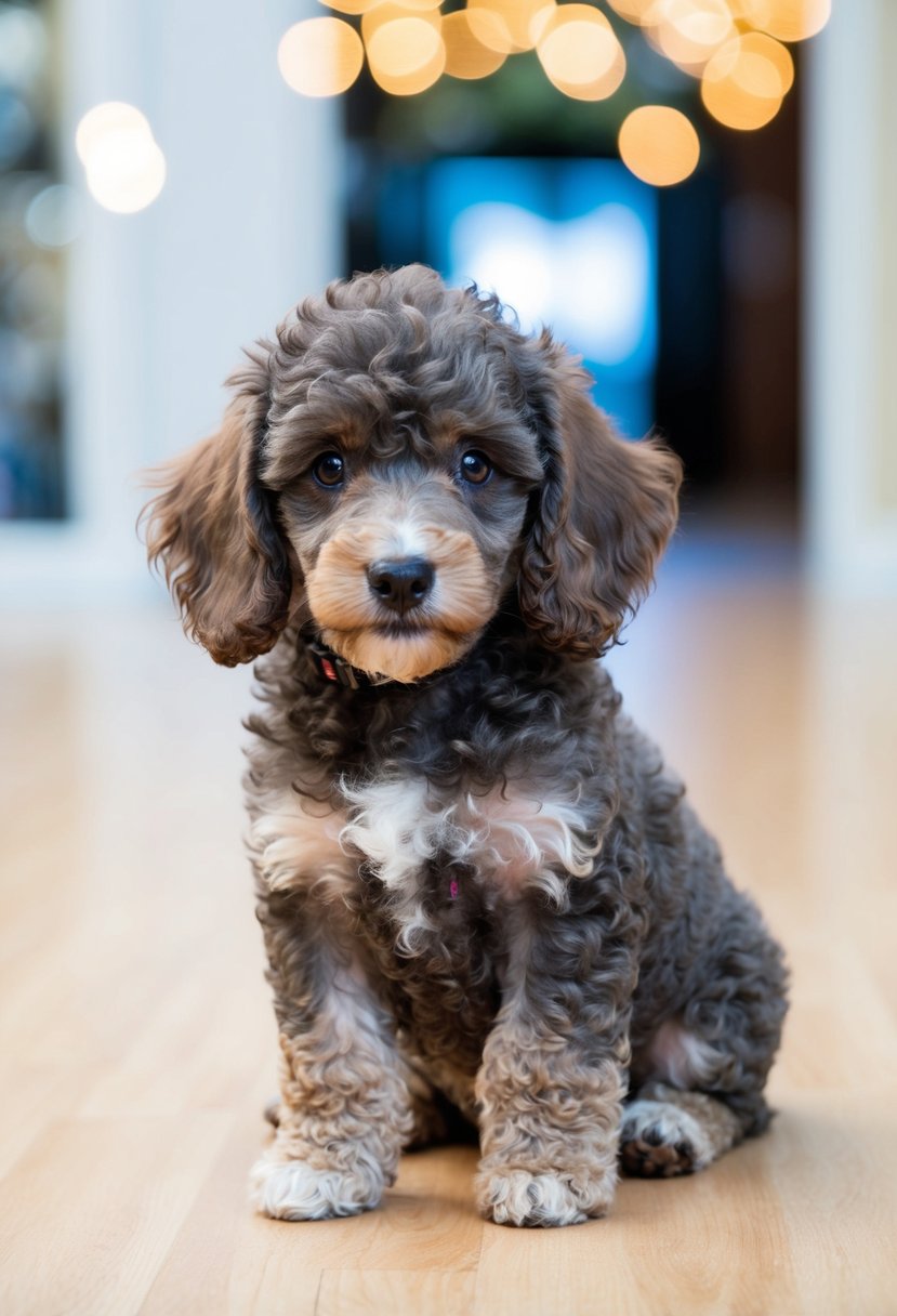 A poodle puppy's fluffy coat sheds in small clumps, revealing the sleek, curly adult fur underneath