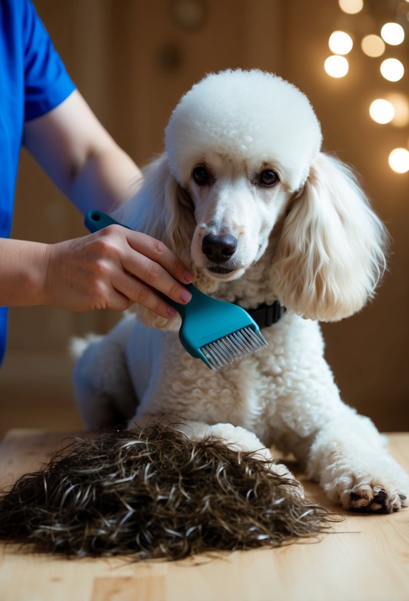 A poodle being groomed with a brush and comb, surrounded by loose fur being collected in a pile