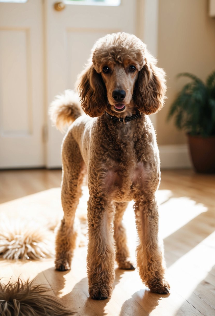 A poodle standing in a sunlit room, surrounded by a few scattered tufts of fur on the floor. The poodle's coat is thick and curly, with no visible shedding