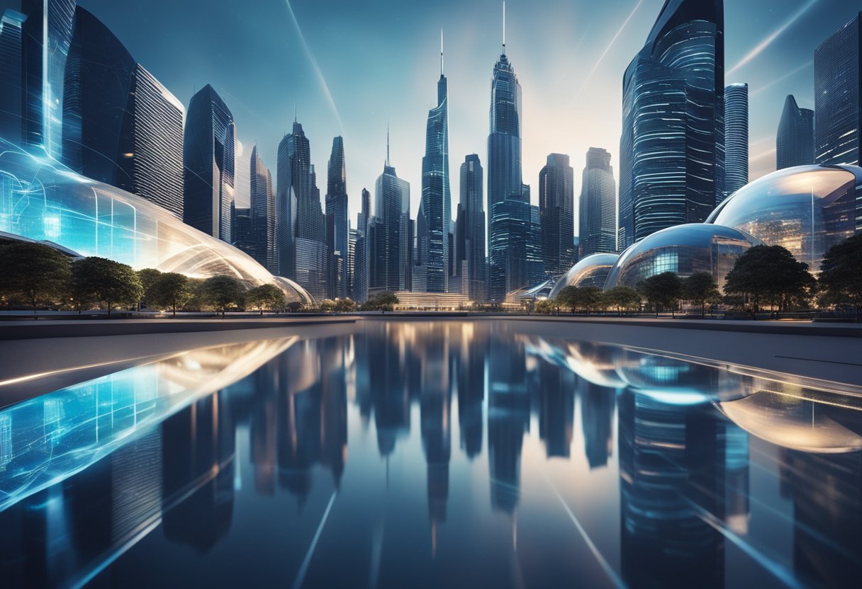 A sleek, futuristic cityscape with towering skyscrapers and sleek, high-tech buildings. Bright lights and holographic displays illuminate the streets, showcasing the cutting-edge technology of BB Apps