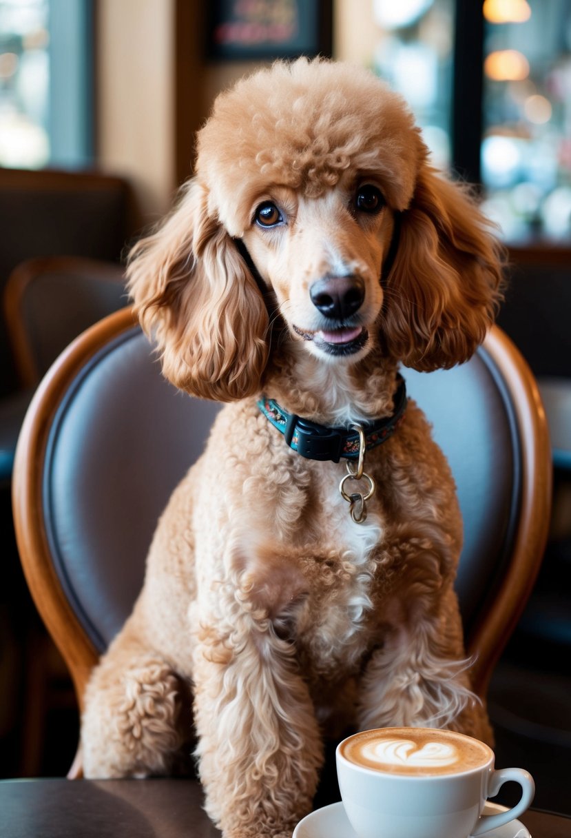 A fluffy cafe au lait poodle sits on a cozy cafe chair, with a steaming cup of coffee on the table beside it. The poodle looks content, with its ears perked up and a slight smile on its face