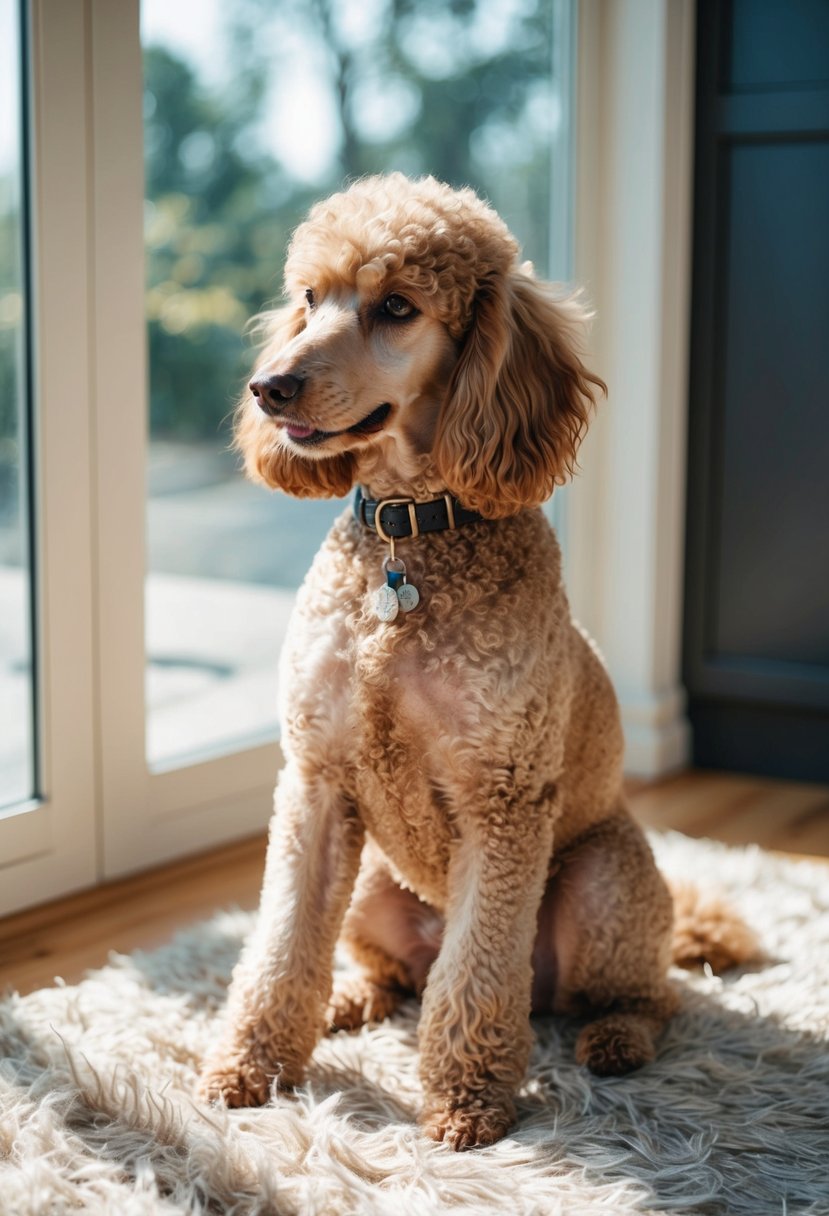 A cafe au lait poodle sits on a plush rug, its curly fur glistening in the sunlight. Its ears perk up as it gazes out the window, a contented expression on its face