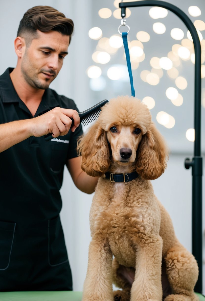 A groomer carefully trims and brushes a cafe au lait poodle's curly fur, while another poodle sits patiently nearby