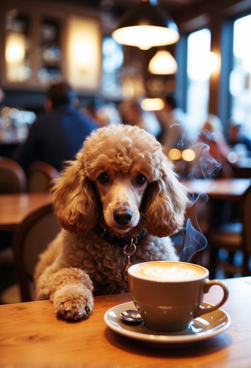 A fluffy cafe au lait poodle sits by a steaming cup of coffee, surrounded by the warm, cozy atmosphere of a bustling cafe