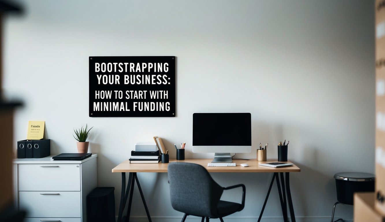 A small, simple office space with a desk, computer, and a few basic office supplies. A sign on the wall reads "Bootstrapping Your Business: How to Start with Minimal Funding."