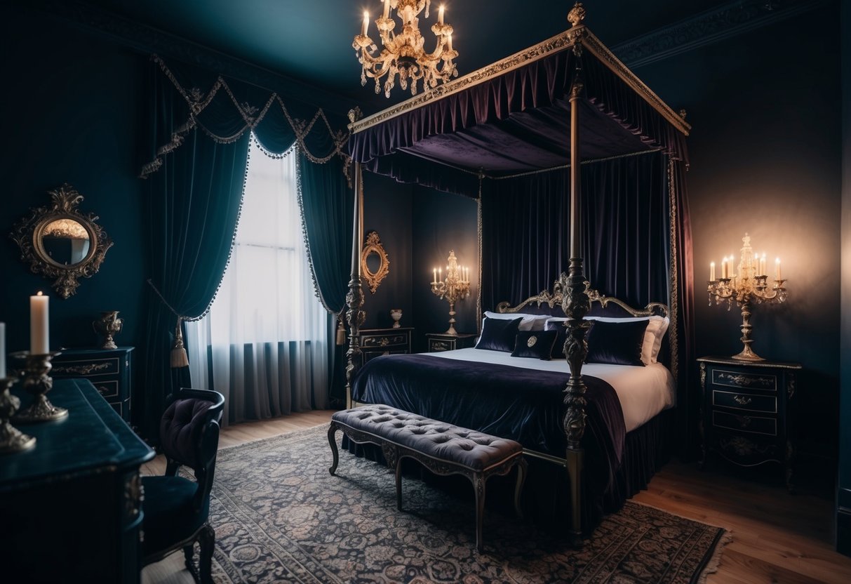 A dimly lit Gothic bedroom with ornate furniture, heavy drapes, and dark, rich colors. A canopy bed with velvet curtains and antique candle holders add to the eerie atmosphere