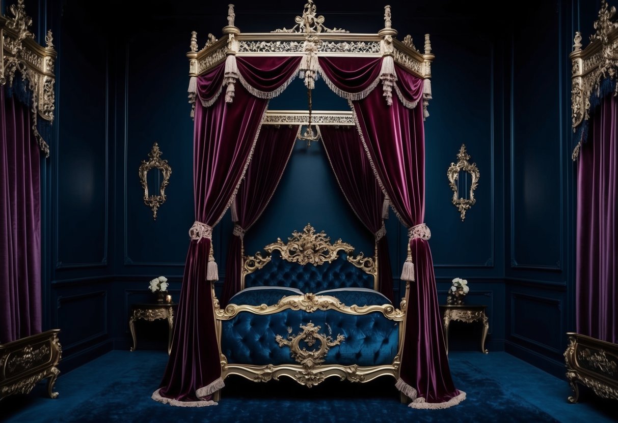 A regal canopy bed with rich, draped velvet curtains in a dimly lit, gothic bedroom. Ornate details and dark colors create a moody, opulent atmosphere